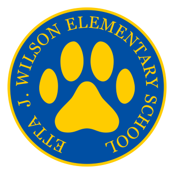 Yellow circle, blue background with yellow wildcat paw Etta J. Wilson Elementary School.
